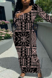 Black Casual Geometric Print Contrast O Neck One Step Skirt Dresses