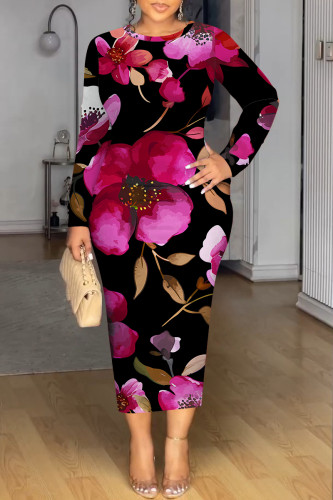 Black Red Casual Floral Print Contrast O Neck Printed Dresses