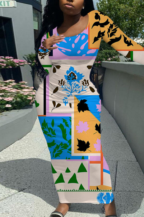 Apricot Casual Geometric Print Contrast O Neck One Step Skirt Dresses