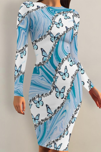 Light Blue Elegant Floral Print Butterfly Stripe Contrast O Neck Printed Dresses
