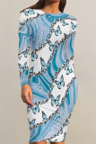 Light Blue Elegant Floral Print Butterfly Stripe Contrast O Neck Printed Dresses