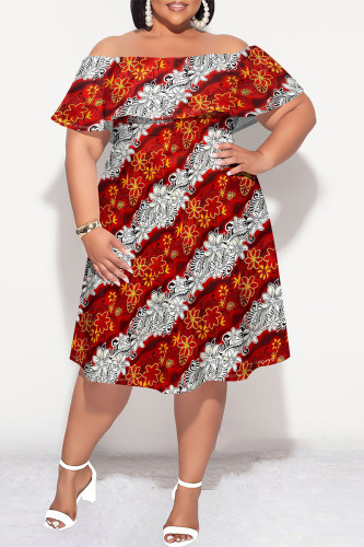 Tangerine Red Sexy Floral Print Flounce Off Shoulder Printed Plus Size Dresses