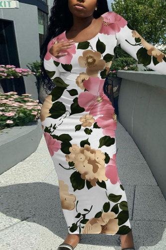 White Elegant Floral Print Contrast O Neck One Step Skirt Dresses