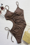 Coffee Sexy Solid Color Hollow Out Ruched Swimwears
