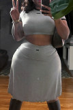 Grey Casual Patchwork O Neck Short Sleeve Two Pieces