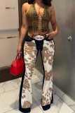 Camel Casual Print Patchwork Mid Waist Regular Denim Jeans