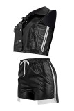 Black Casual Solid Color Pocket Lace Up Buckle Turndown Collar Sleeveless Two Pieces