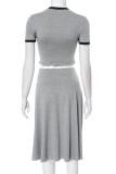 Grey Casual Patchwork O Neck Short Sleeve Two Pieces