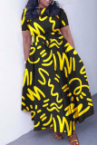 Black Yellow Casual Print Pocket Strap Design O Neck Long Dresses