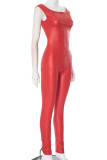 Red Casual Solid Color Patchwork O Neck Skinny Jumpsuits