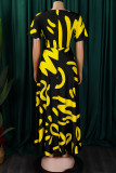 Black Yellow Casual Print Pocket Strap Design O Neck Long Dresses