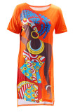 Tangerine Red Casual Print Patchwork Slit O Neck Printed Dresses