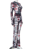 Red Casual Print Patchwork O Neck Long Sleeve Two Pieces