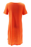 Tangerine Red Casual Print Patchwork Slit O Neck Printed Dresses
