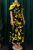 Black Yellow Casual Print Pocket Strap Design O Neck Long Dresses