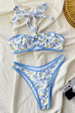 White Blue Sexy Print Backless Swimwears
