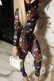 Black Casual Print Patchwork O Neck Long Sleeve Two Pieces