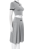 Grey Casual Patchwork O Neck Short Sleeve Two Pieces