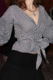 Black Casual Plaid Patchwork Strap Design Deep V Neck Tops