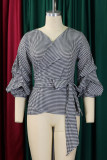 Black Casual Plaid Patchwork Strap Design Deep V Neck Tops
