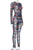 Black Casual Print Patchwork O Neck Long Sleeve Two Pieces