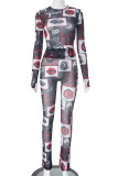 Red Casual Print Patchwork O Neck Long Sleeve Two Pieces