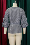 Black Casual Plaid Patchwork Strap Design Deep V Neck Tops