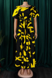 Black Yellow Casual Print Pocket Strap Design O Neck Long Dresses