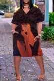 Khaki Casual Figure Print Pocket V Neck Short Sleeve Short Sleeve Dress