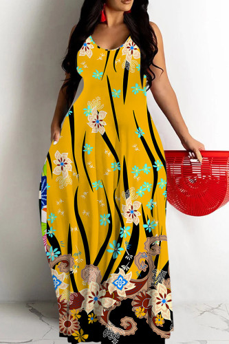 Black Yellow Sexy Casual Floral Print Backless Spaghetti Strap Long Dresses