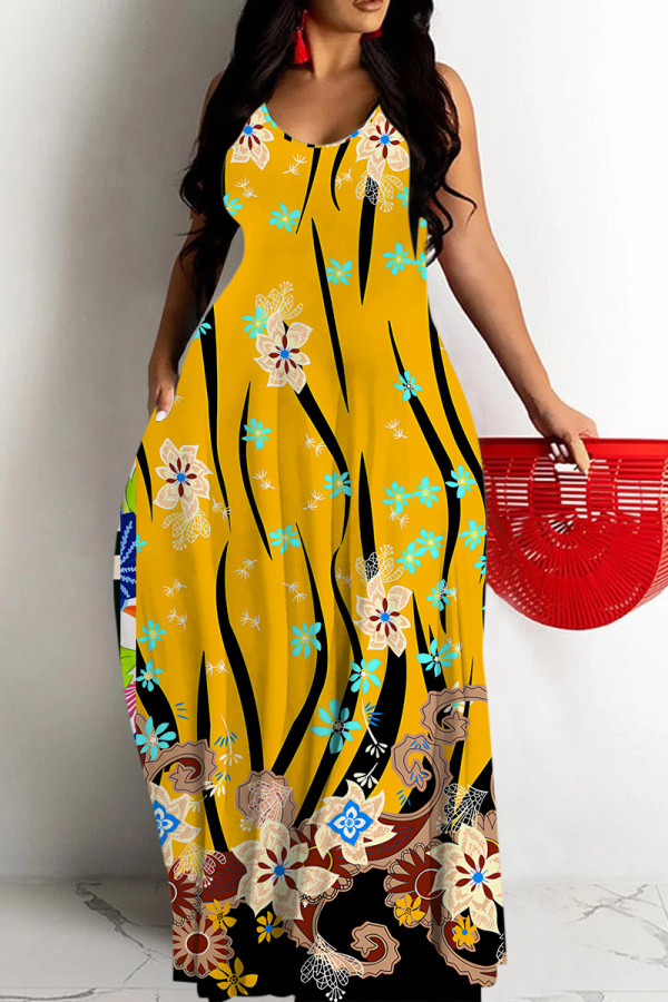 Black Yellow Sexy Casual Floral Print Backless Spaghetti Strap Long Dresses