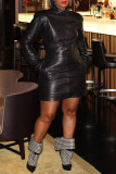Black Casual Solid Color Zipper Turtleneck Long Sleeve Dresses