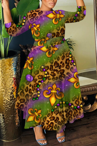 Purple Green Casual Print Basic O Neck Long Dresses
