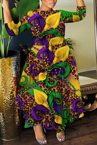 Leopard Print Casual Print Basic O Neck Long Dresses