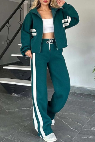 Green Casual Stripe Patchwork Zipper Hooded Long Sleeve Two Pieces