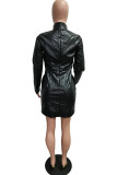 Black Casual Solid Color Zipper Turtleneck Long Sleeve Dresses