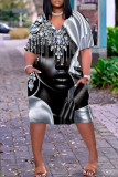 Khaki Casual Figure Print Pocket V Neck Short Sleeve Short Sleeve Dress