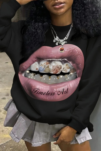 Black Casual Lips Print O Neck Tops