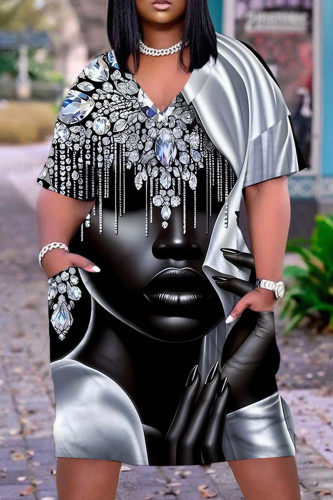 Black Gray Casual Figure Print Pocket V Neck Short Sleeve Short Sleeve Dress