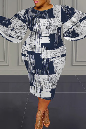 White Blue Casual Print Patchwork O Neck Long Plus Size Dresses