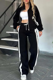 Grey Casual Stripe Patchwork Zipper Hooded Long Sleeve Two Pieces
