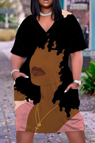 Coffee Casual Figure Print Pocket V Neck Short Sleeve Short Sleeve Dress
