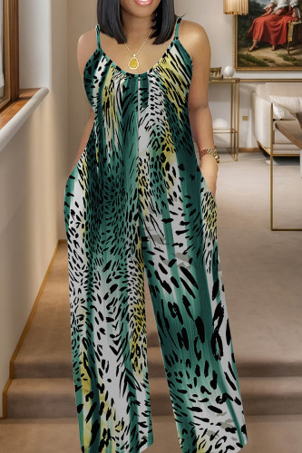 Green Casual Print Pocket Patchwork Spaghetti Strap Plus Size Jumpsuits