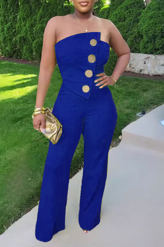 Blue Sexy Casual Street Daily Vacation Buttons Solid Color Regular Jumpsuits