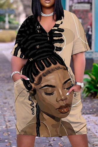 Khaki Casual Figure Print Pocket V Neck Short Sleeve Short Sleeve Dress