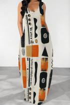 Orange Casual Print Pocket Patchwork O Neck Long Dresses