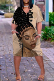 Khaki Casual Figure Print Pocket V Neck Short Sleeve Short Sleeve Dress