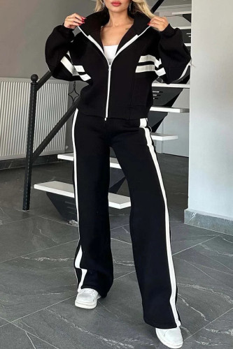 Black Casual Stripe Patchwork Zipper Hooded Long Sleeve Two Pieces
