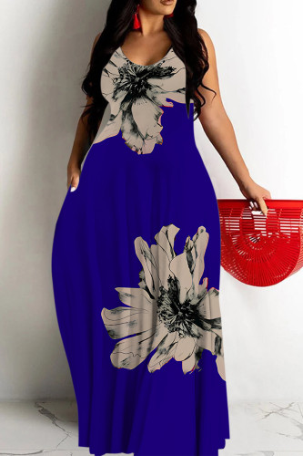 Blue Sexy Casual Floral Print Backless Spaghetti Strap Long Dresses