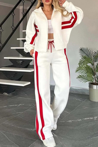 White Casual Stripe Patchwork Zipper Hooded Long Sleeve Two Pieces